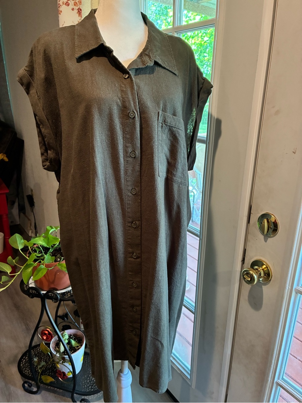 Calvin Klein Olive Brown Button-Front Midi Shirt Dress